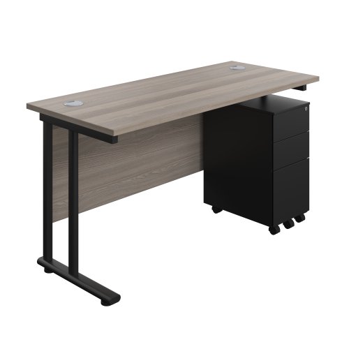 Twin Upright Rectangular Desk + Slimline Steel Pedestal 3 Drawers (FSC) 1400X600 Grey Oak/Black