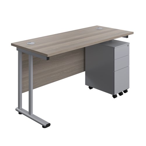 Twin Upright Rectangular Desk + Slimline Steel Pedestal 3 Drawers (FSC) 1400X600 Grey Oak/Silver
