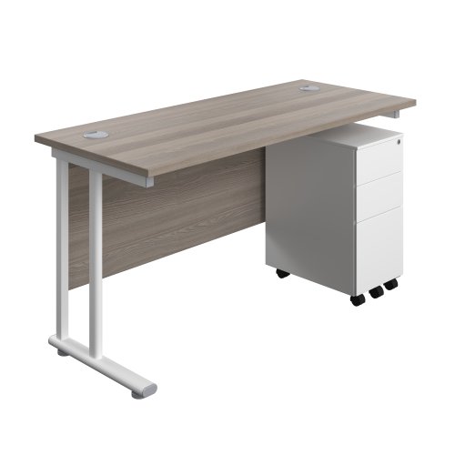 Twin Upright Rectangular Desk + Slimline Steel Pedestal 3 Drawers (FSC) 1400X600 Grey Oak/White