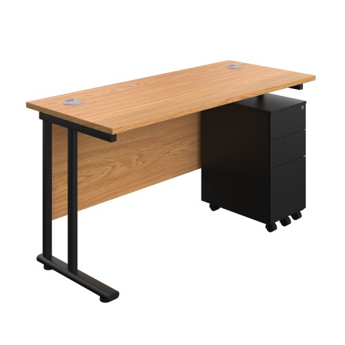 Twin Upright Rectangular Desk + Slimline Steel Pedestal 3 Drawers (FSC) 1400X600 Nova Oak/Black