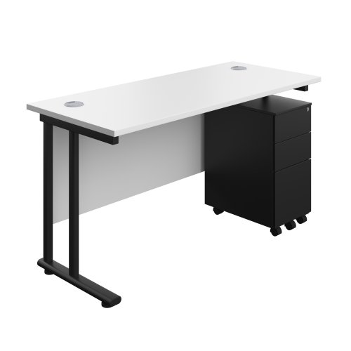 Twin Upright Rectangular Desk + Slimline Steel Pedestal 3 Drawers (FSC) 1400X600 White/Black