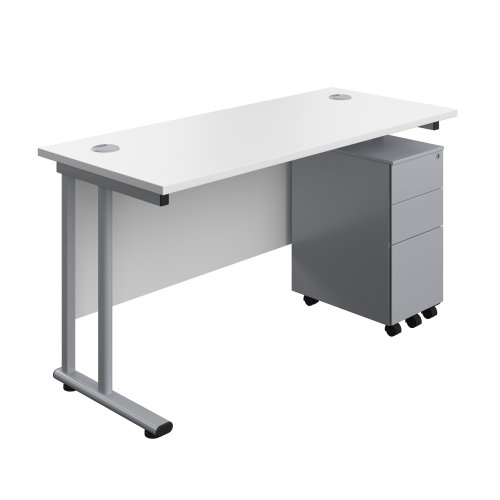 Twin Upright Rectangular Desk + Slimline Steel Pedestal 3 Drawers (FSC) 1400X600 White/Silver