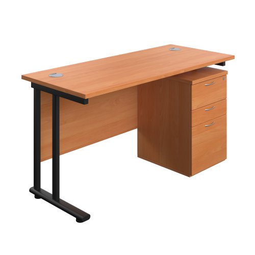 Twin Upright Rectangular Desk + High Mobile Pedestal 3 Drawer (FSC) 1400X600 Beech/Black