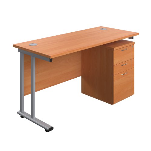 Twin Upright Rectangular Desk + High Mobile Pedestal 3 Drawer (FSC) 1400X600 Beech/Silver
