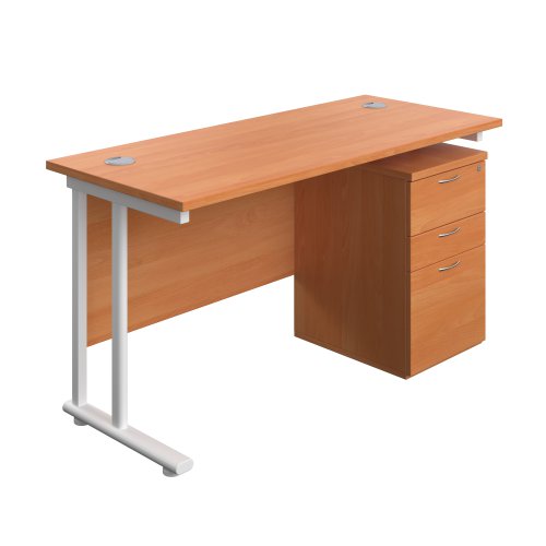 Twin Upright Rectangular Desk + High Mobile Pedestal 3 Drawer (FSC) 1400X600 Beech/White