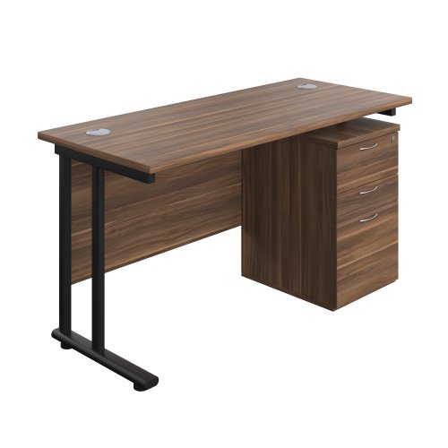 Twin Upright Rectangular Desk + High Mobile Pedestal 3 Drawer (FSC) 1400X600 Dark Walnut/Black