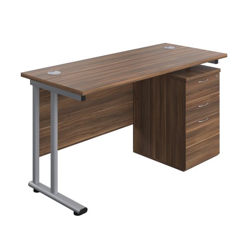 Twin Upright Rectangular Desk + High Mobile Pedestal 3 Drawer (FSC) 1400X600 Dark Walnut/Silver