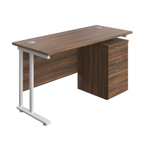 Twin Upright Rectangular Desk + High Mobile Pedestal 3 Drawer (FSC) 1400X600 Dark Walnut/White