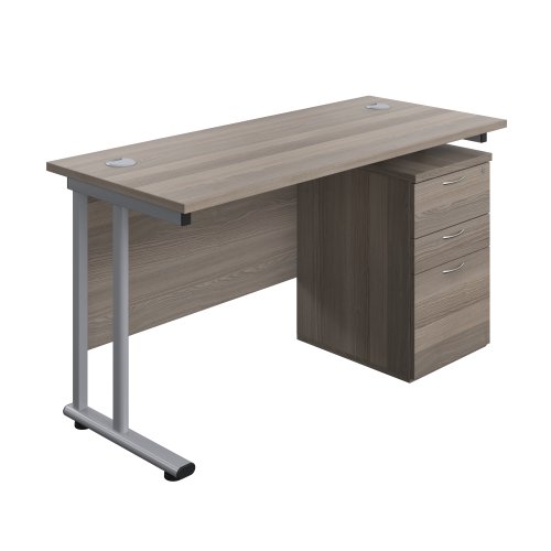 Twin Upright Rectangular Desk + High Mobile Pedestal 3 Drawer (FSC) 1400X600 Grey Oak/Silver