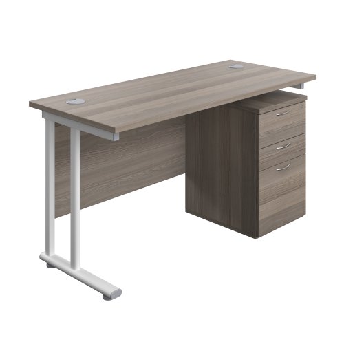 Twin Upright Rectangular Desk + High Mobile Pedestal 3 Drawer (FSC) 1400X600 Grey Oak/White