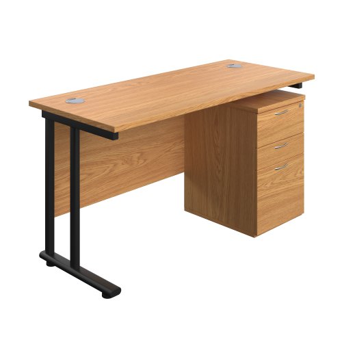 Twin Upright Rectangular Desk + High Mobile Pedestal 3 Drawer (FSC) 1400X600 Nova Oak/Black