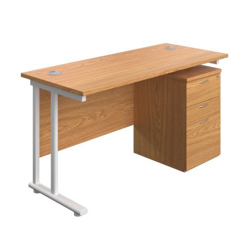 Twin Upright Rectangular Desk + High Mobile Pedestal 3 Drawer (FSC) 1400X600 Nova Oak/White