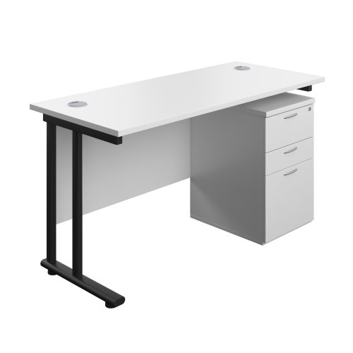 Twin Upright Rectangular Desk + High Mobile Pedestal 3 Drawer (FSC) 1400X600 White/Black