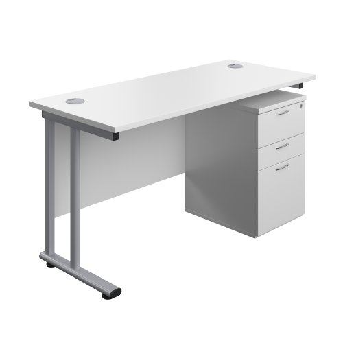 Twin Upright Rectangular Desk + High Mobile Pedestal 3 Drawer (FSC) 1400X600 White/Silver