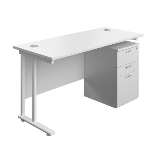 Twin Upright Rectangular Desk + High Mobile Pedestal 3 Drawer (FSC) 1400X600 White/White