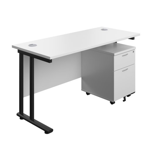 Twin Upright Rectangular Desk + Mobile 2 Drawer Pedestal (FSC) 1400X600 White/Black