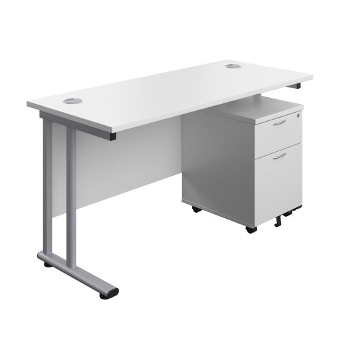 Twin Upright Rectangular Desk + Mobile 2 Drawer Pedestal (FSC) 1400X600 White/Silver