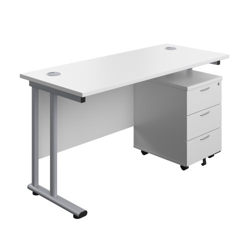 Twin Upright Rectangular Desk + Mobile 3 Drawer Pedestal (FSC) 1400X600 White/Silver