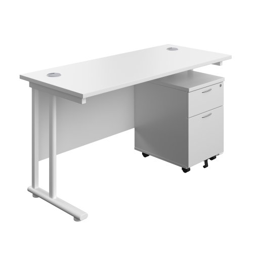 Twin Upright Rectangular Desk + Mobile 2 Drawer Pedestal (FSC) 1400X600 White/White