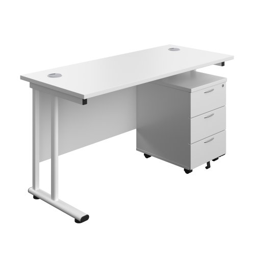 Twin Upright Rectangular Desk + Mobile 3 Drawer Pedestal (FSC) 1400X600 White/White