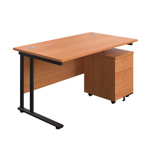 Twin Upright Rectangular Desk + Mobile 2 Drawer Pedestal (FSC) 1400X800 Beech/Black