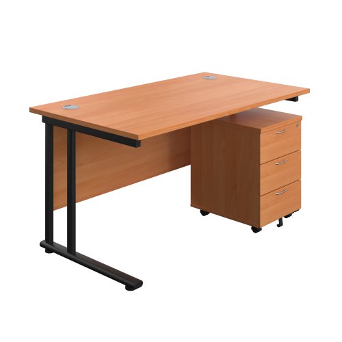 Twin Upright Rectangular Desk + Mobile 3 Drawer Pedestal (FSC) 1400X800 Beech/Black