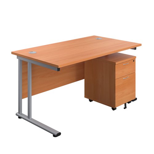 Twin Upright Rectangular Desk + Mobile 2 Drawer Pedestal (FSC) 1400X800 Beech/Silver