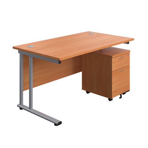 Twin Upright Rectangular Desk + Mobile 2 Drawer Pedestal 1400X800 Beech/Silver