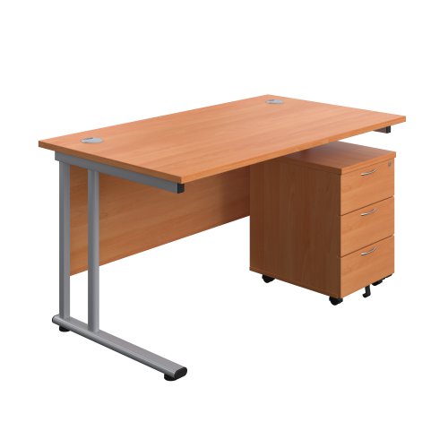 Twin Upright Rectangular Desk + Mobile 3 Drawer Pedestal 1400X800 Beech/Silver