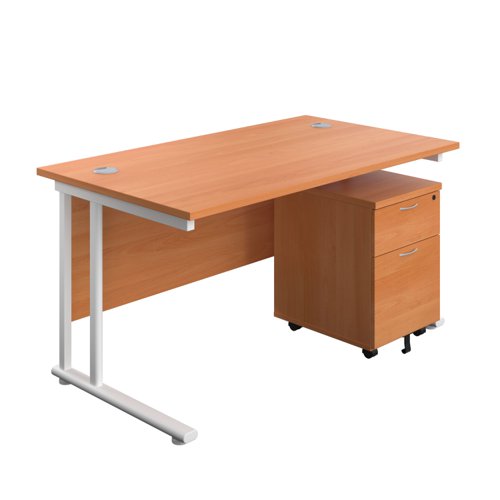 Twin Upright Rectangular Desk + Mobile 2 Drawer Pedestal (FSC) 1400X800 Beech/White