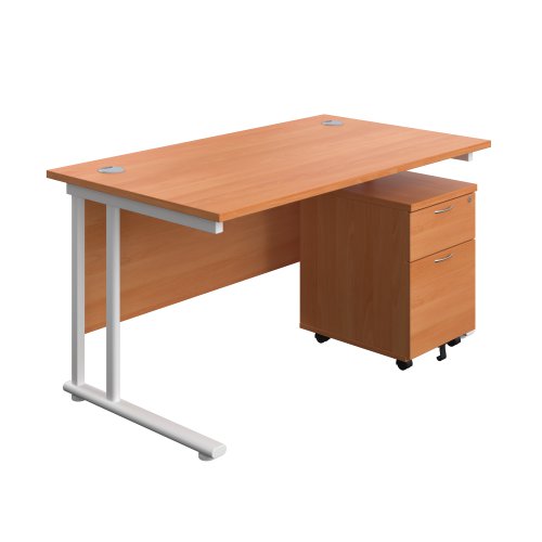 Twin Upright Rectangular Desk + Mobile 2 Drawer Pedestal 1400X800 Beech/White