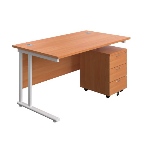 Twin Upright Rectangular Desk + Mobile 3 Drawer Pedestal 1400X800 Beech/White