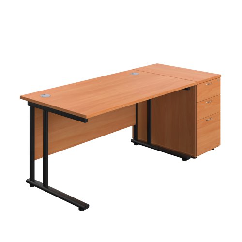 Twin Upright Rectangular Desk + Desk High 3 Drawer Pedestal (FSC) 1400X800 Beech/Black