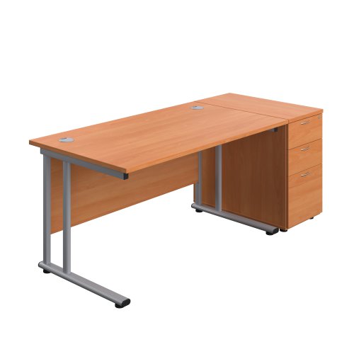 Twin Upright Rectangular Desk + Desk High 3 Drawer Pedestal (FSC) 1400X800 Beech/Silver
