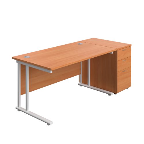 Twin Upright Rectangular Desk + Desk High 3 Drawer Pedestal (FSC) 1400X800 Beech/White