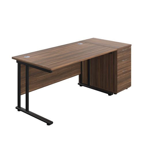 Twin Upright Rectangular Desk + Desk High 3 Drawer Pedestal (FSC) 1400X800 Dark Walnut/Black