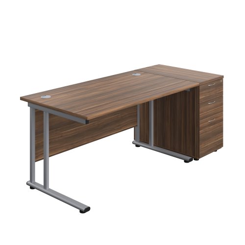 Twin Upright Rectangular Desk + Desk High 3 Drawer Pedestal (FSC) 1400X800 Dark Walnut/Silver