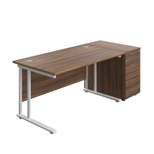 Twin Upright Rectangular Desk + Desk High 3 Drawer Pedestal (FSC) 1400X800 Dark Walnut/White