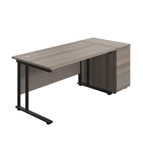 Twin Upright Rectangular Desk + Desk High 3 Drawer Pedestal (FSC) 1400X800 Grey Oak/Black