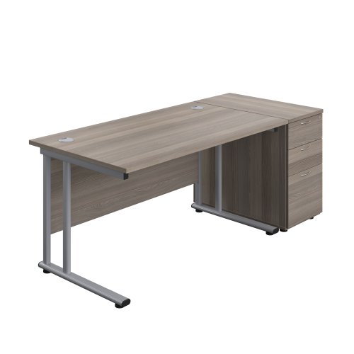 Twin Upright Rectangular Desk + Desk High 3 Drawer Pedestal (FSC) 1400X800 Grey Oak/Silver