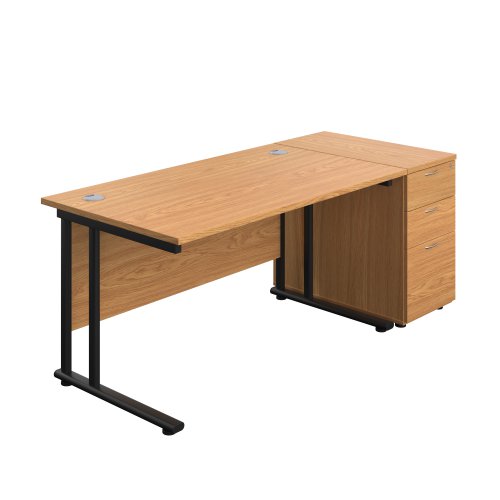 Twin Upright Rectangular Desk + Desk High 3 Drawer Pedestal (FSC) 1400X800 Nova Oak/Black