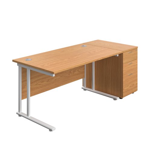 Twin Upright Rectangular Desk + Desk High 3 Drawer Pedestal (FSC) 1400X800 Nova Oak/White