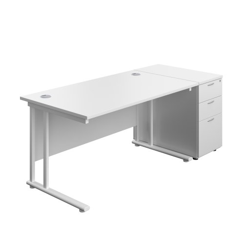 Twin Upright Rectangular Desk + Desk High 3 Drawer Pedestal (FSC) 1400X800 White/White