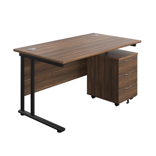 Twin Upright Rectangular Desk + Mobile 3 Drawer Pedestal (FSC) 1400X800 Dark Walnut/Black
