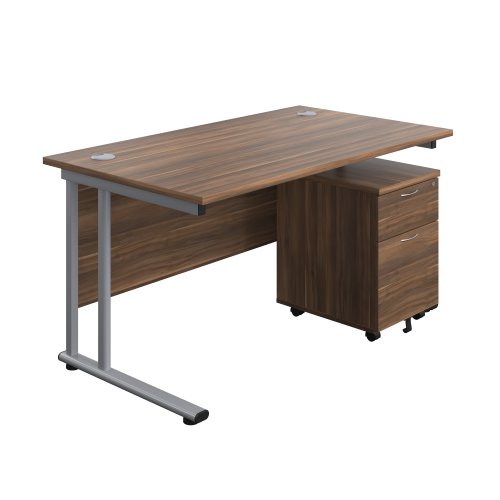 Twin Upright Rectangular Desk + Mobile 2 Drawer Pedestal 1400X800 Dark Walnut/Silver