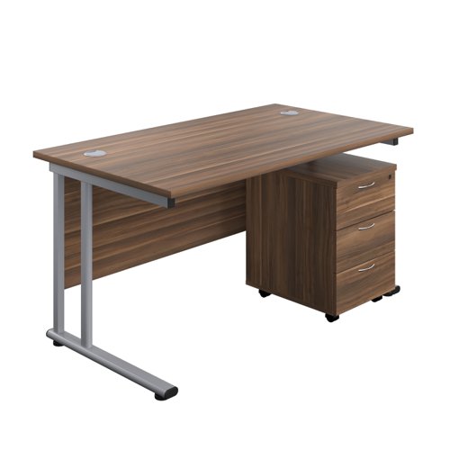 Twin Upright Rectangular Desk + Mobile 3 Drawer Pedestal (FSC) 1400X800 Dark Walnut/Silver