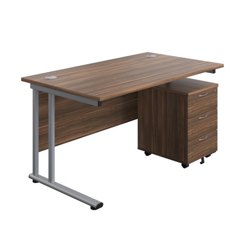 Twin Upright Rectangular Desk + Mobile 3 Drawer Pedestal 1400X800 Dark Walnut/Silver