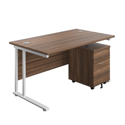 Twin Upright Rectangular Desk + Mobile 2 Drawer Pedestal (FSC) 1400X800 Dark Walnut/White