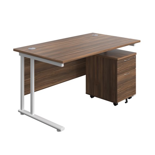 Twin Upright Rectangular Desk + Mobile 2 Drawer Pedestal 1400X800 Dark Walnut/White