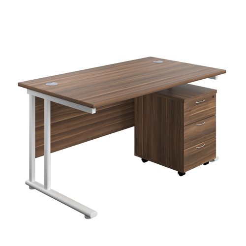 Twin Upright Rectangular Desk + Mobile 3 Drawer Pedestal (FSC) 1400X800 Dark Walnut/White